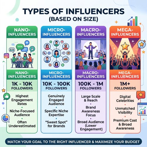 A guide to the 4 types of influencers by size: nano, micro, macro, and mega, based on their follower counts.